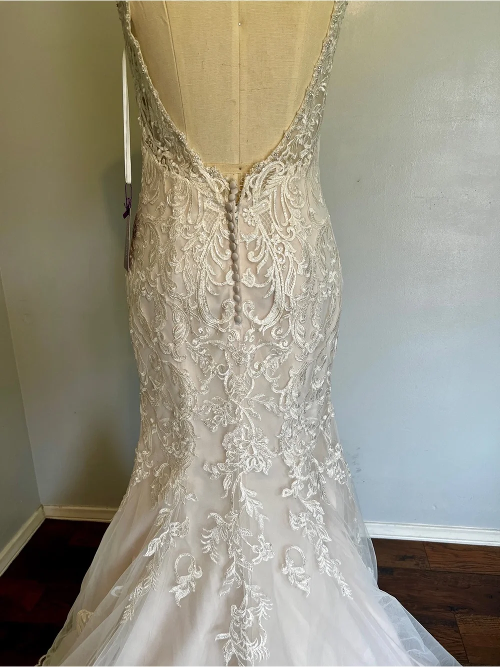 Ivory-Champagne V-Neck Lace Mermaid Wedding Dress - Picture 8 of 12